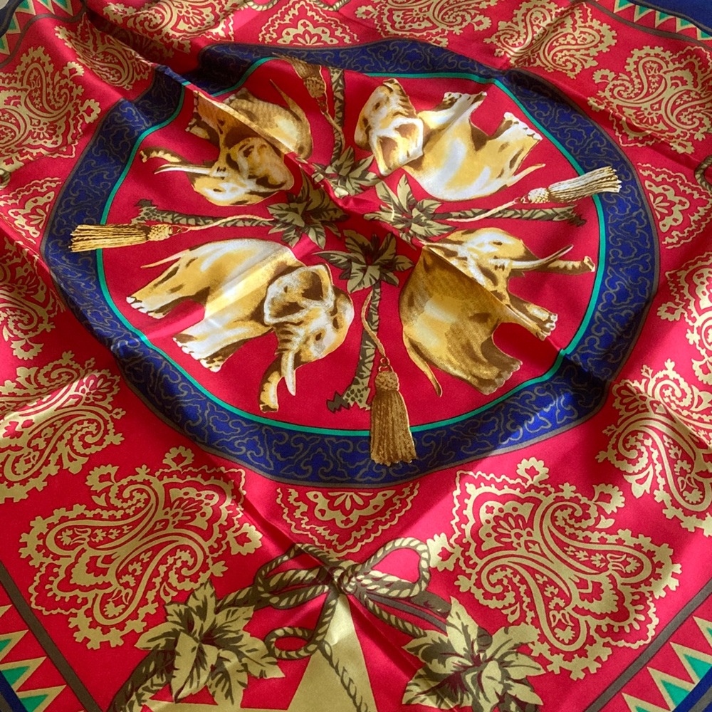 Red and Gold Elephant Print Silk Scarf 33x34”